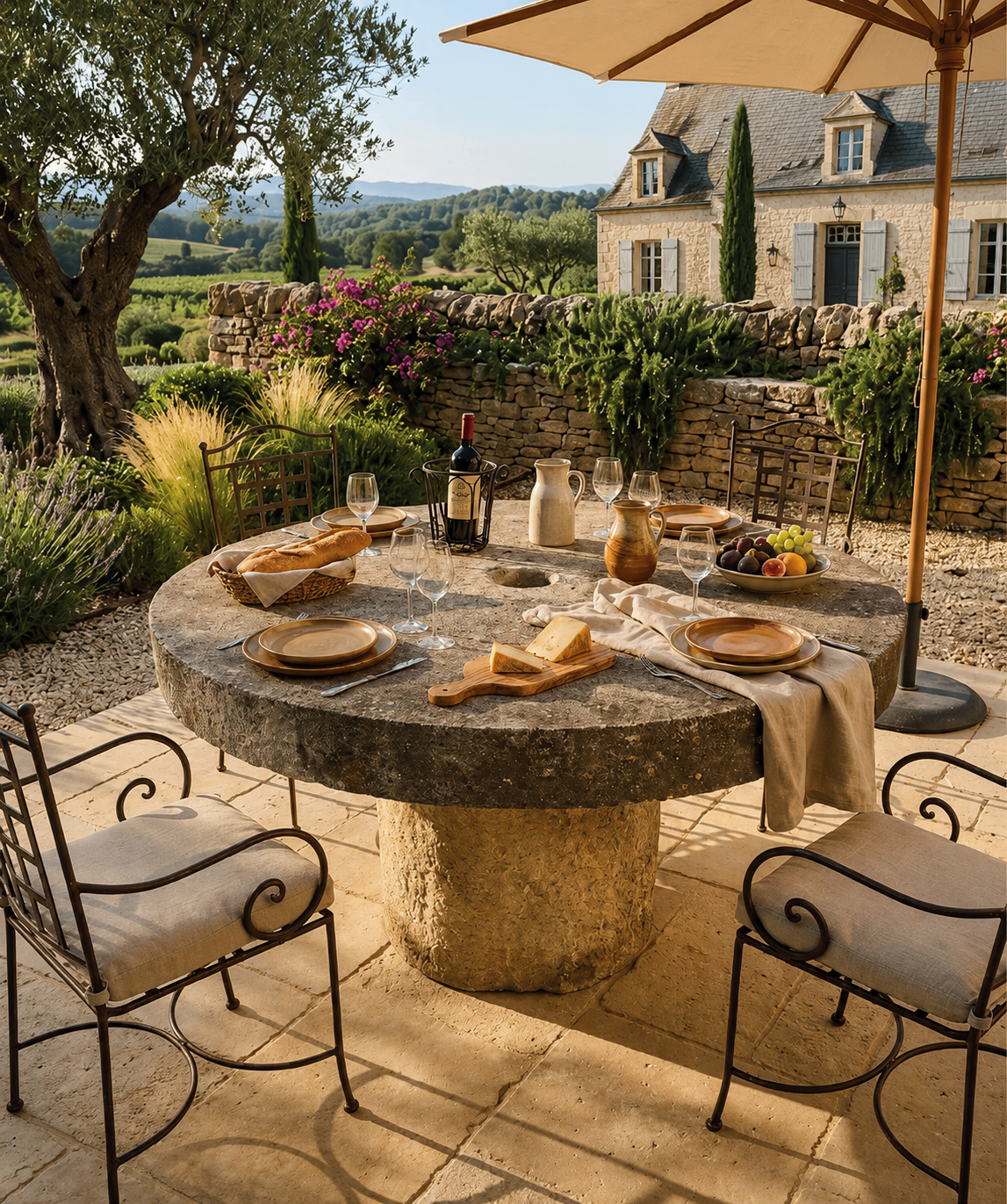 Table ronde en pierre sur une terrasse, mobilier extérieur BV2I