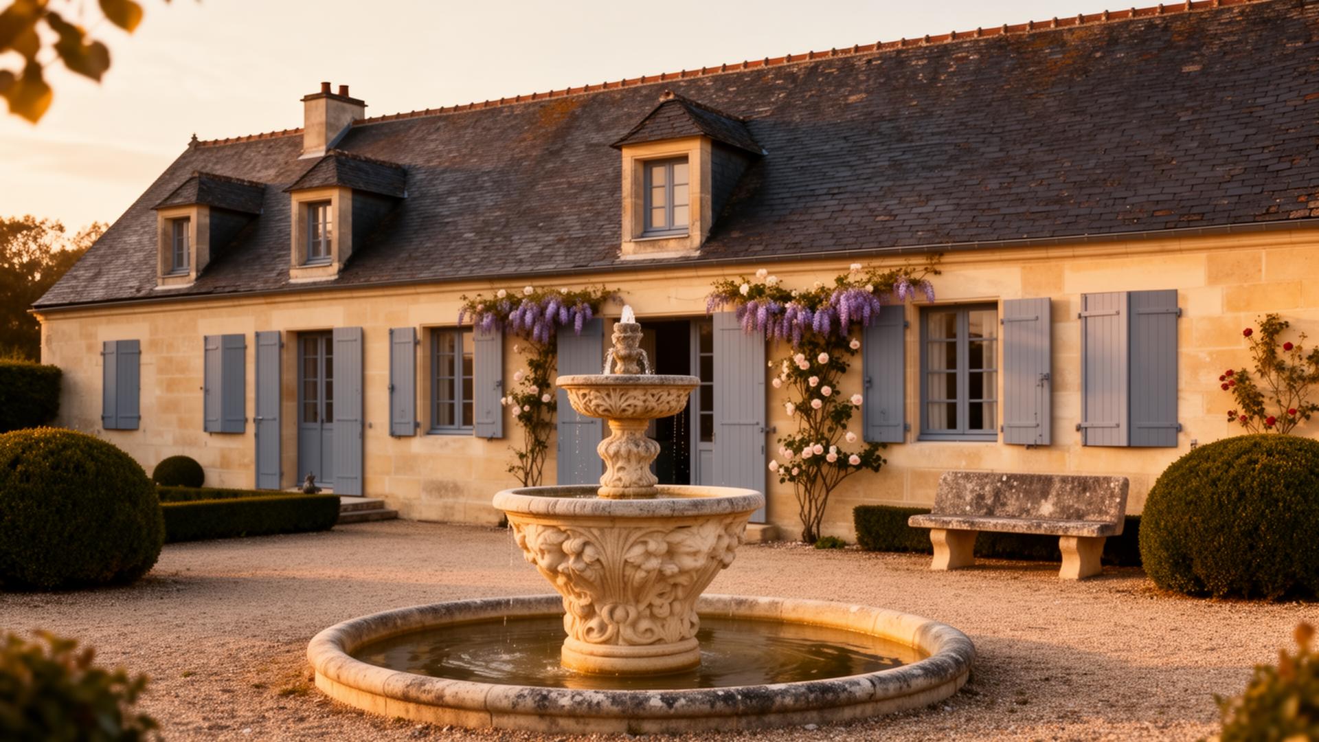 Propriété française avec fontaine, banc et table en pierre naturelle taillée par l'atelier BV2I