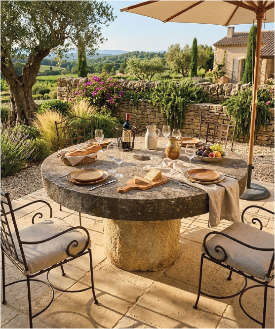 Table ronde en pierre sur une terrasse, mobilier extérieur BV2I