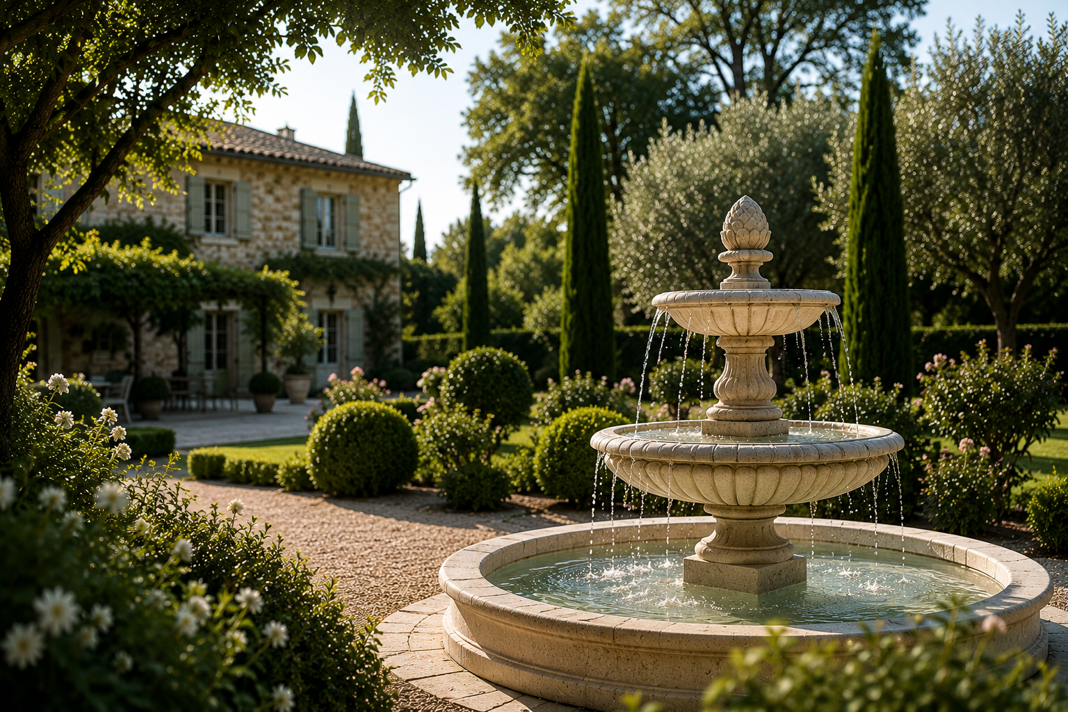 Fontaine murale en pierre sculptée dans un jardin de propriété française